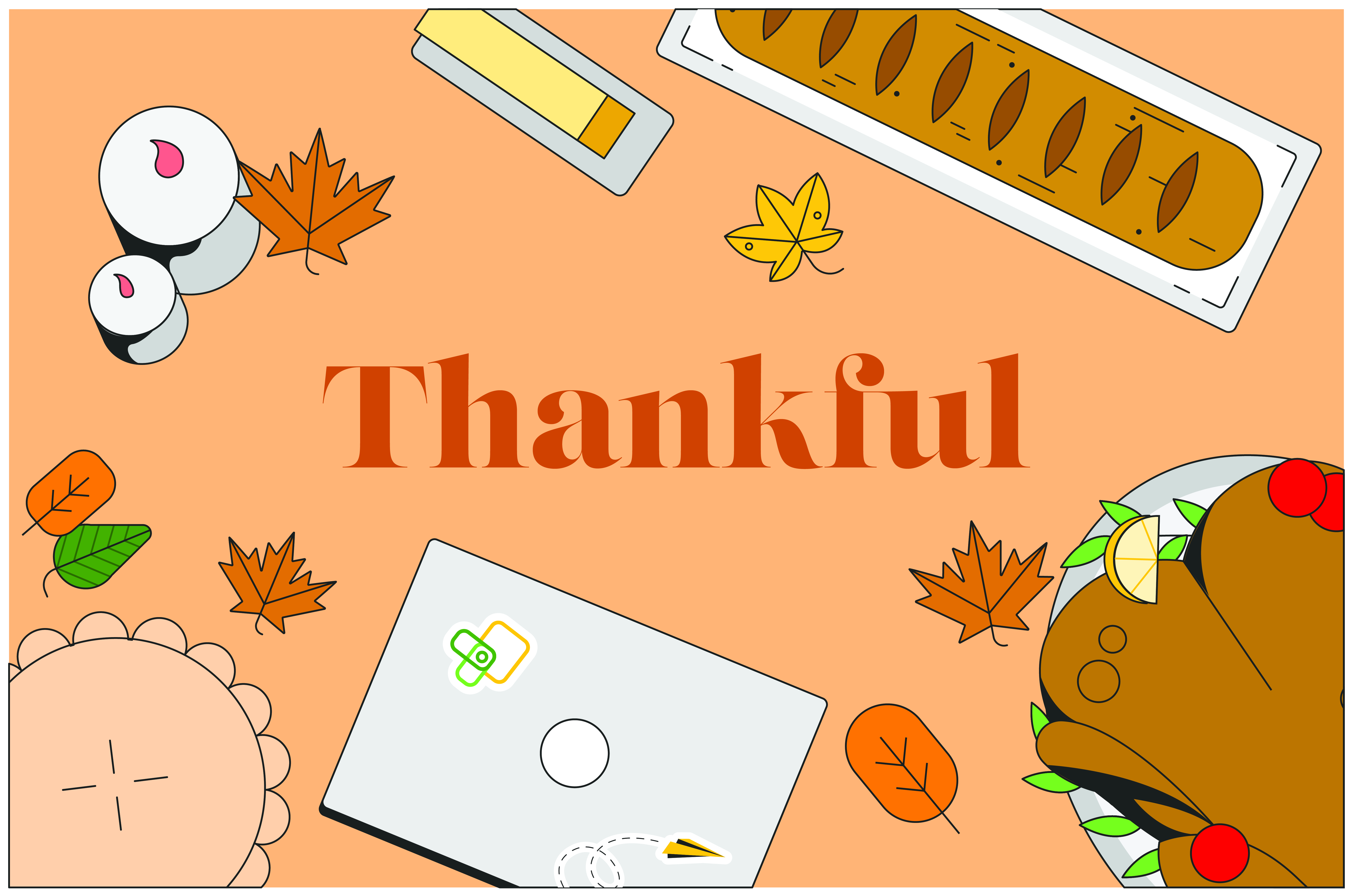 A big piece of orange text that says thankful, surrounded by various thanksgiivng items such as turkey, butter, a pie, fall colored leaves, and candles.