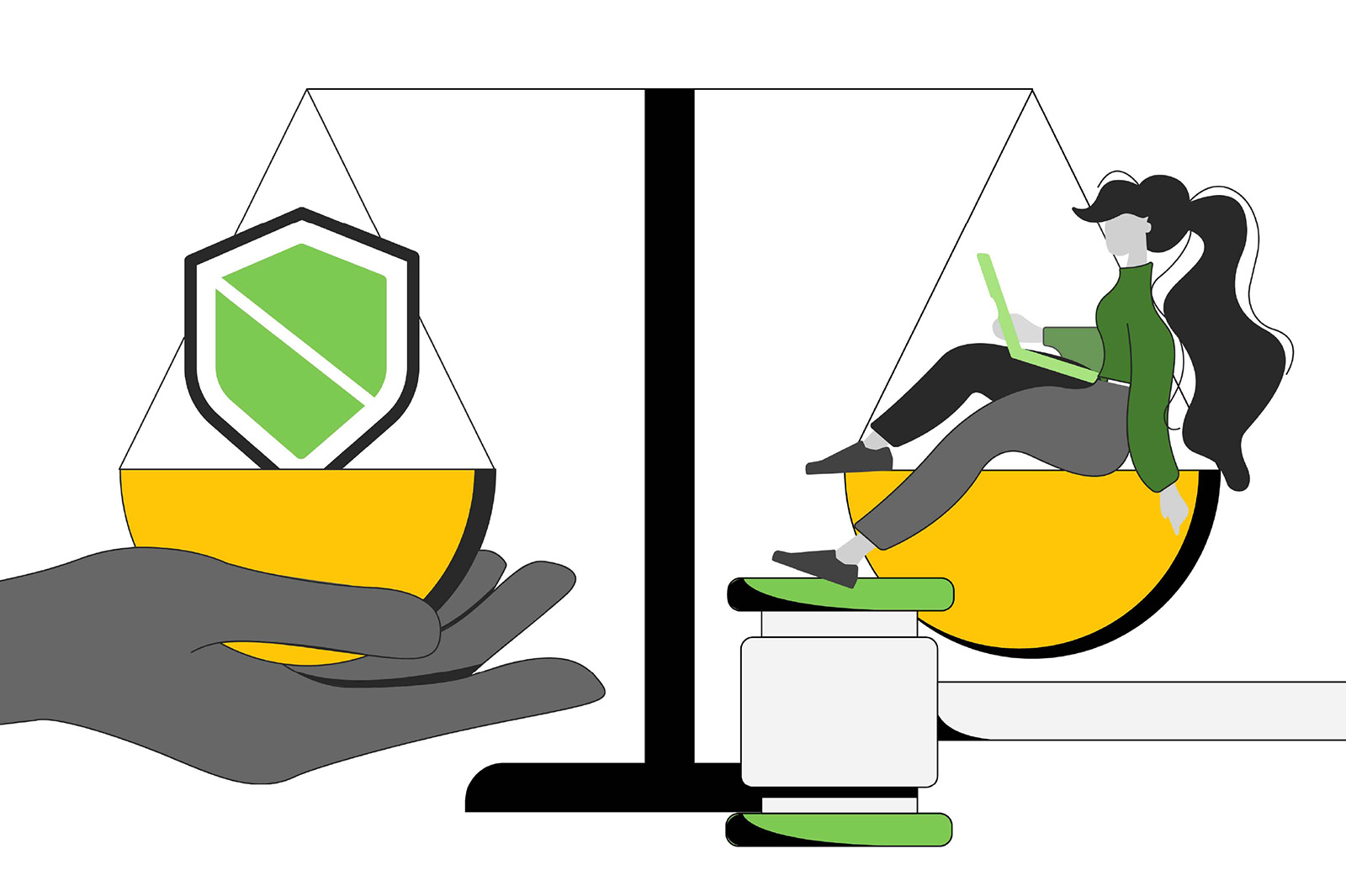 Beside a gavel, a set of scales weighs a person with long hair and laptop one one side, and the icon of a shield supported by a hand in another.
