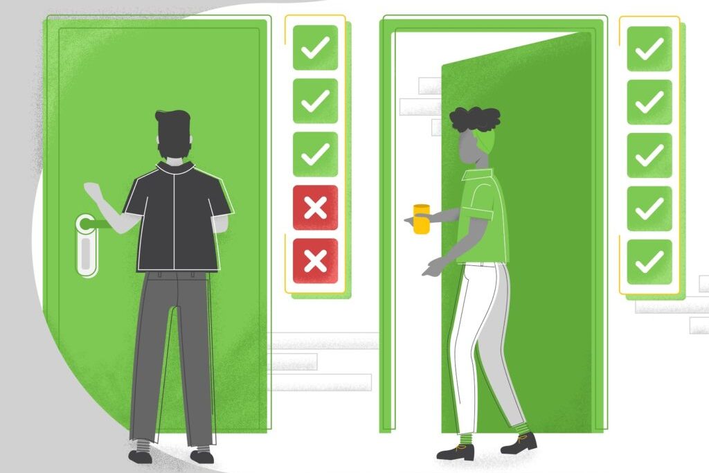 There are two doors. One is locked and a person is unable to enter, two red Xs on the side showing two of five checks have not been met. At the second door, all checks show green success signs, and a person enters without trouble.