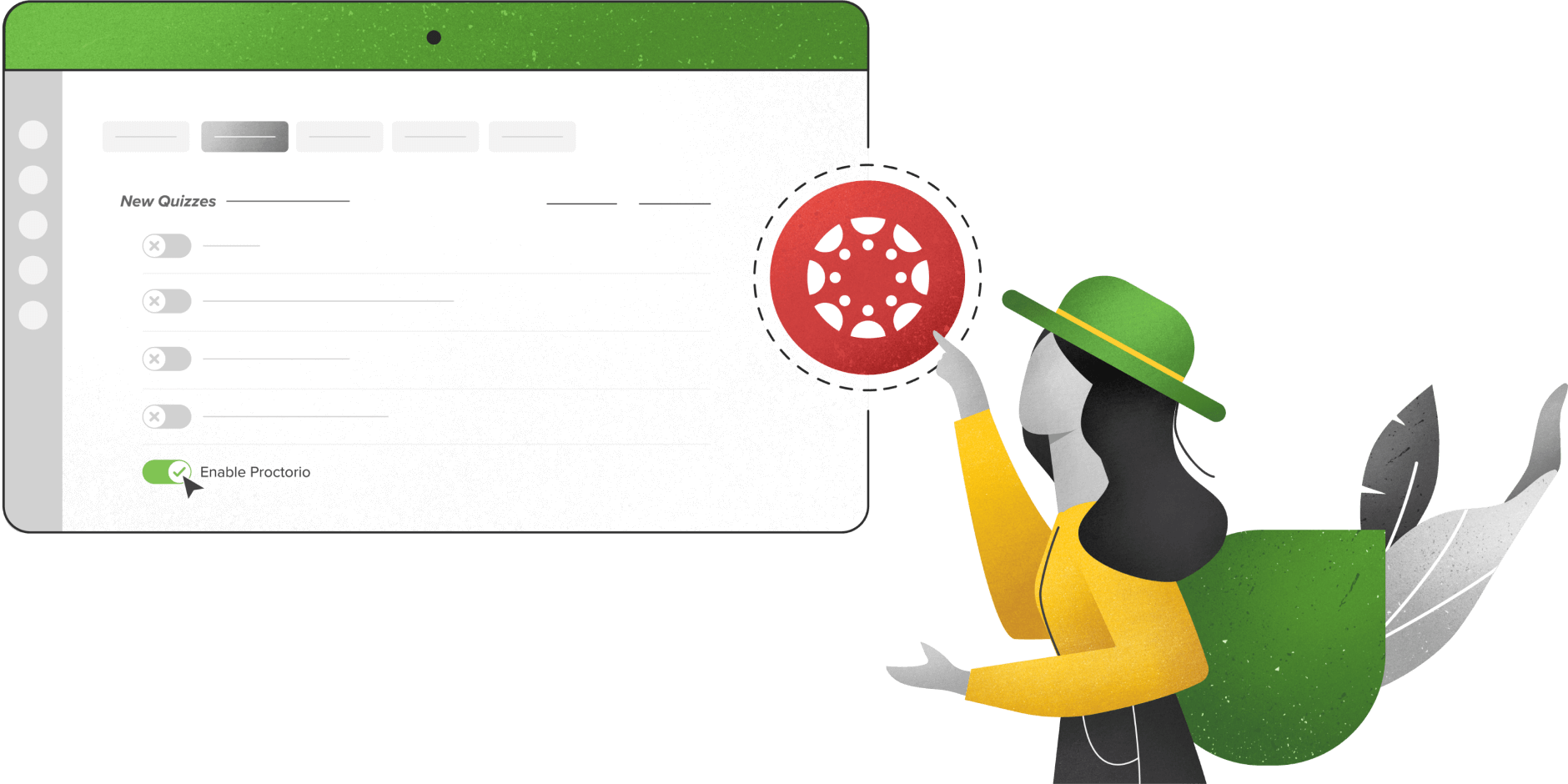 A long-haired person in a green hat points to a red wheel-like Canvas logo overlaying a browser quizzes options screen