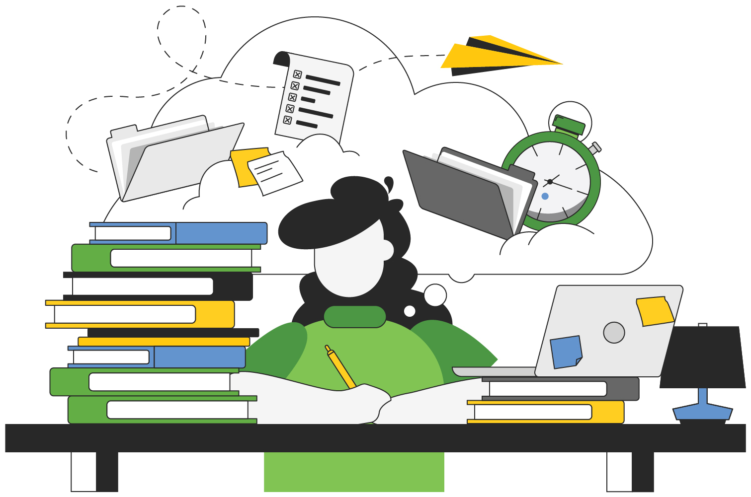 An animated person studying with a pile of books on a table, while they are writing something down with a pencil, with a laptop on the right on top of a couple of books.