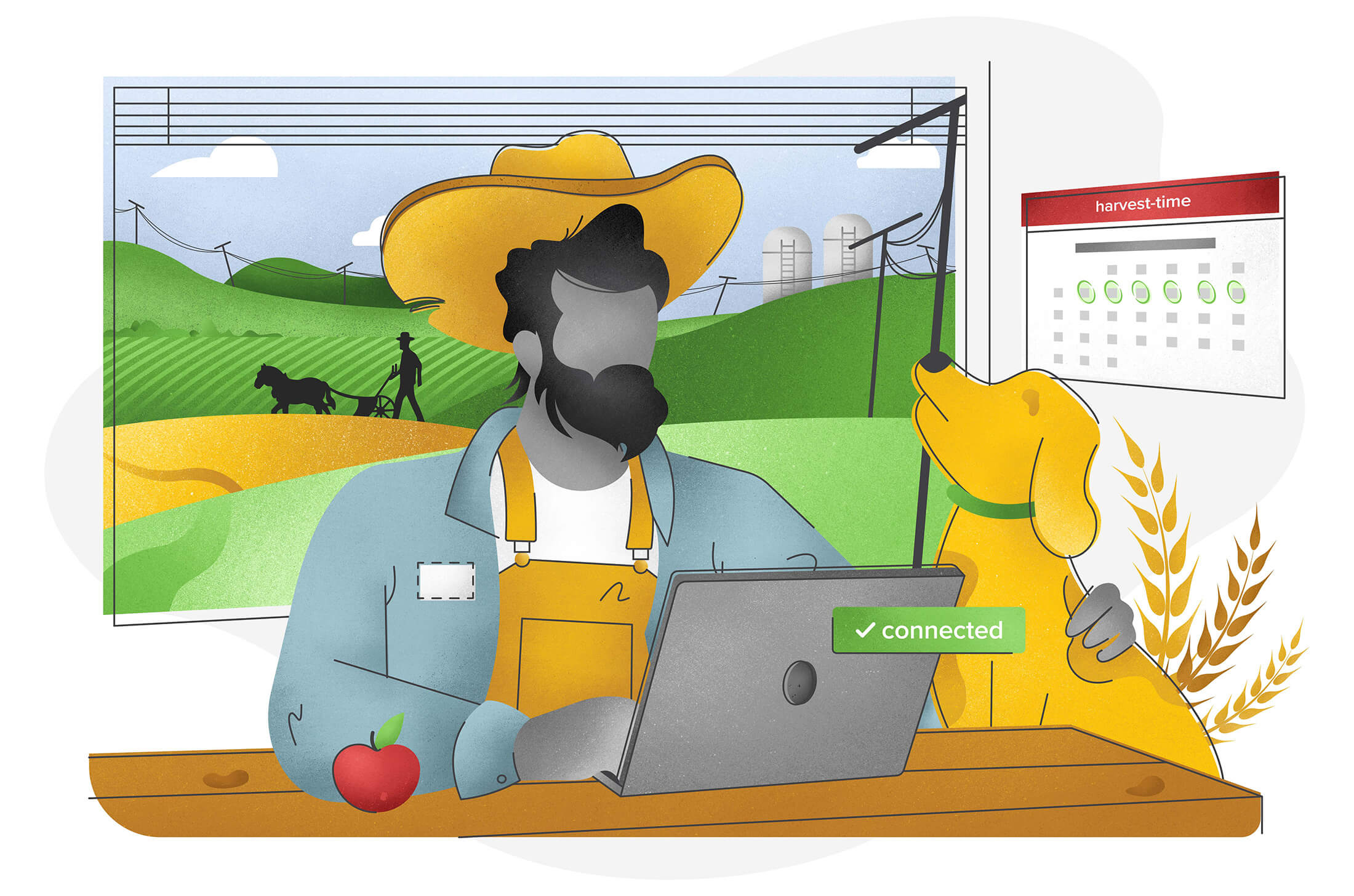 A farmer in hat, overalls, and jacket pets a yellow dog and types on a laptop. A green, successful alert box ensures us that he is connected. Behind him is a window of rolling green fields being tilled in a horse-drawn way.