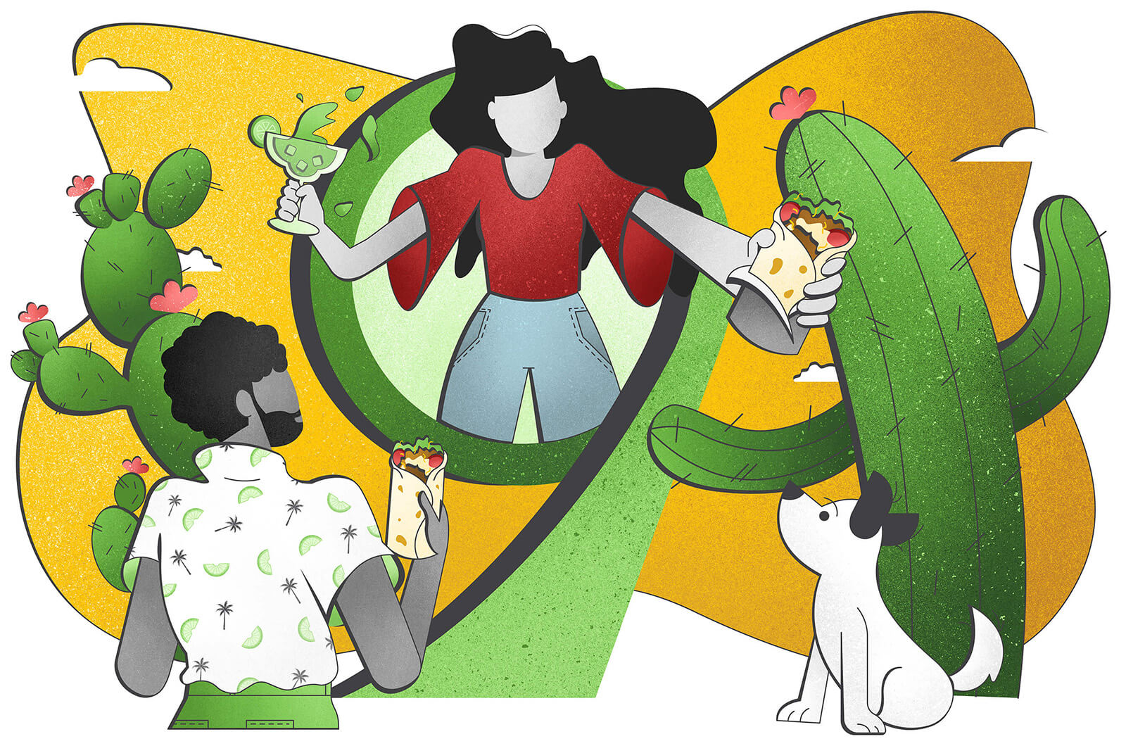 A person with long black hair and a loose red shirt stands in the middle a large, green number 9. They are festively holding a burrito and a margarita. Around them is a yellow sky with clouds and large flowering cacti, as well as a dog and a man (also holding a burrito) looking on.