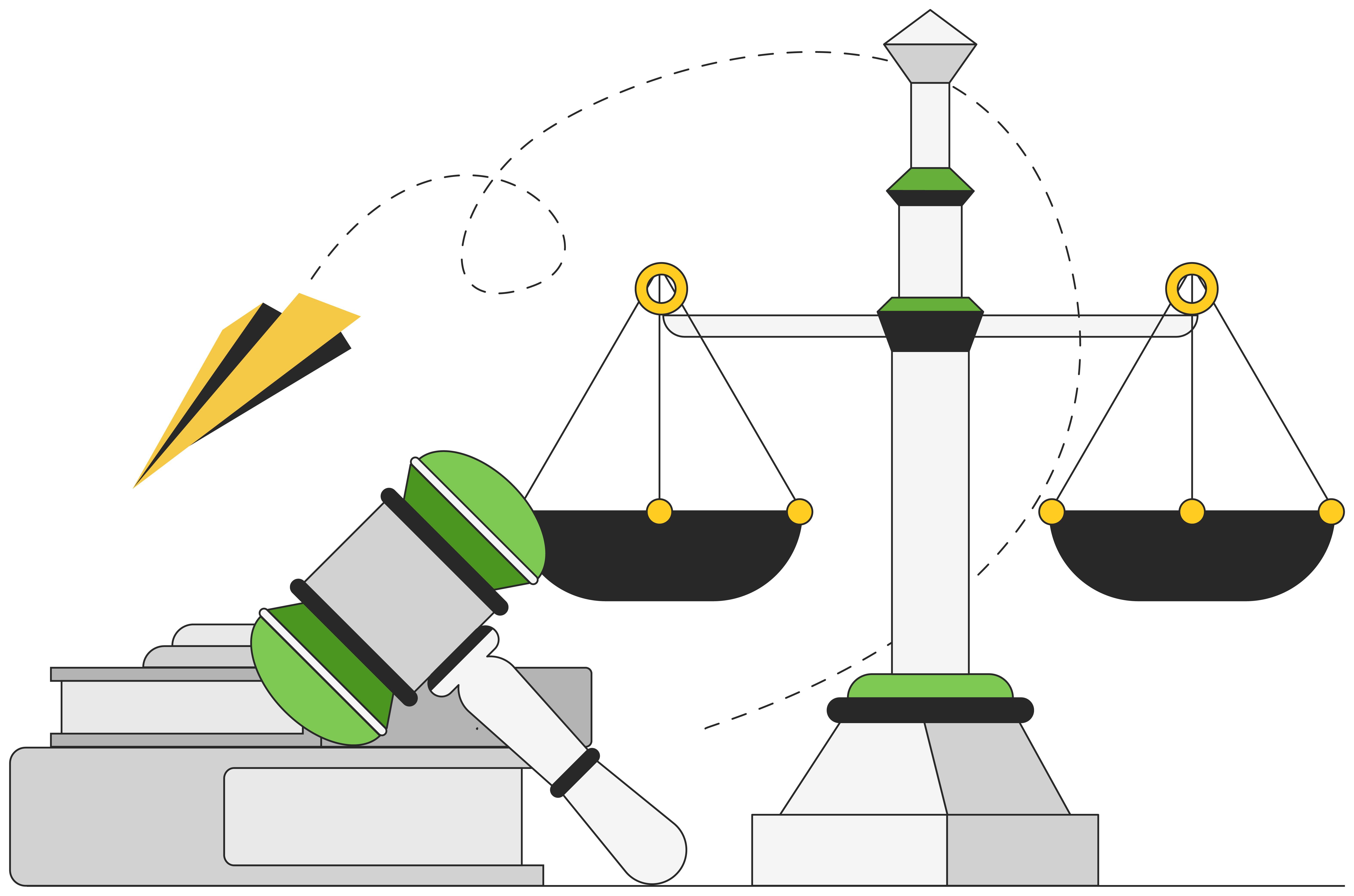 A big green, white, and black judge hammer laying top of a pile of a books while there is a giant green, black, and yellow scale with two sides, which are at the same level.