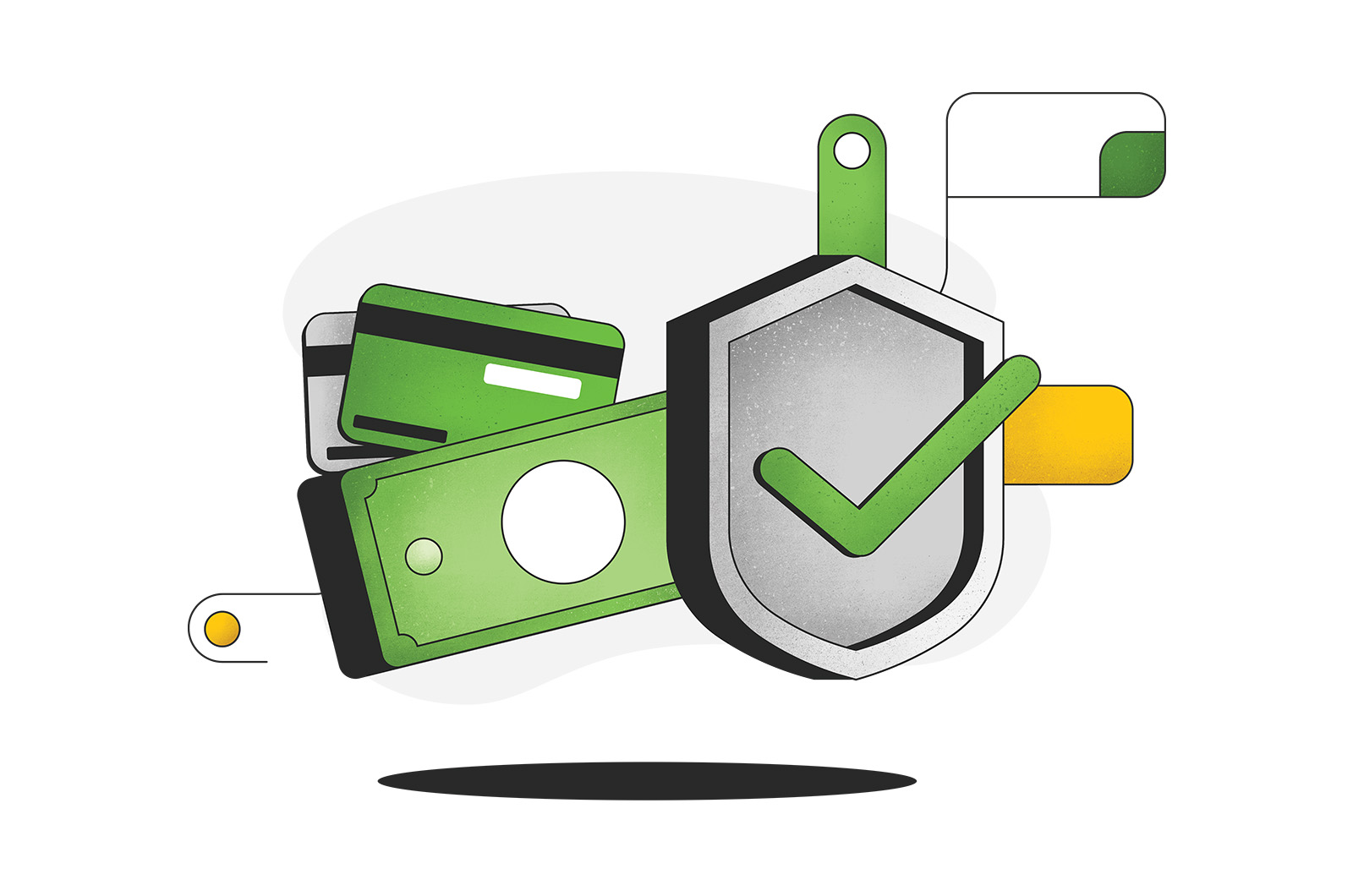 A solid shield icon with a green checkmark sits in front of some cash and credit cards.