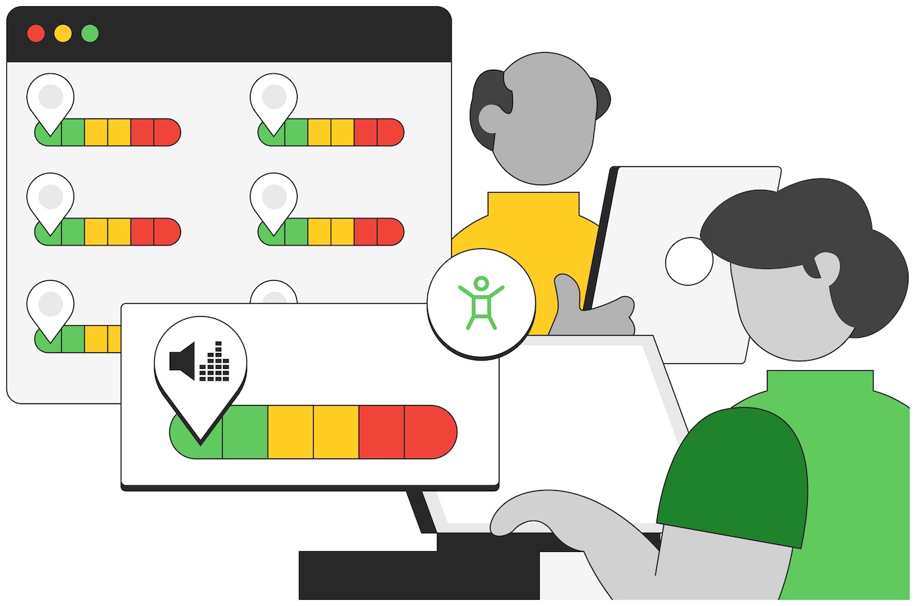 This illustration features two people working on laptops while analyzing data visuals on their screens. The visuals include progress bars with green, yellow, and red segments, resembling risk or status indicators, and map pin icons overlaid on each bar. One of the visuals shows an audio-related icon (a speaker with sound bars) suggesting audio analysis. There is also a circular icon with a stylized figure, likely representing a person. The color-coded bars and graphical elements hint at monitoring, evaluation, or assessment of activity or performance. The overall theme suggests data analytics, monitoring systems, or risk assessment tools.