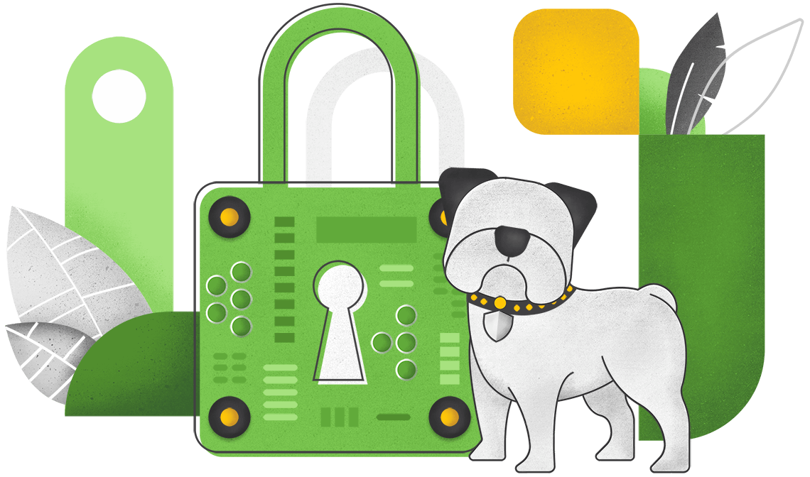 Bulldog with a shield charm on its collar standing in front of a complex padlock