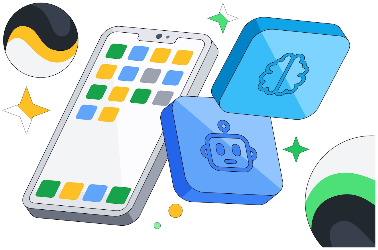 Illustration of a smartphone displaying a grid of colorful app icons in green, yellow, blue, and gray, surrounded by floating AI-themed app icons featuring a robot face and a brain symbol, with decorative sparkle shapes and abstract circular elements in the background.