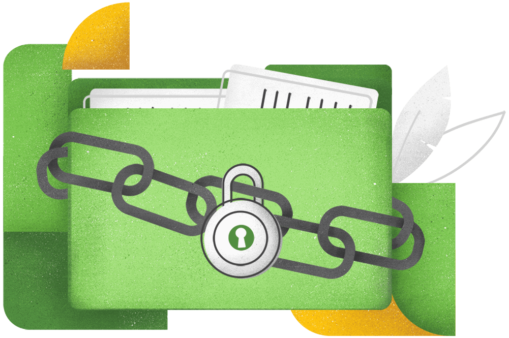 A folder of documents bound protectively with a chain and padlock