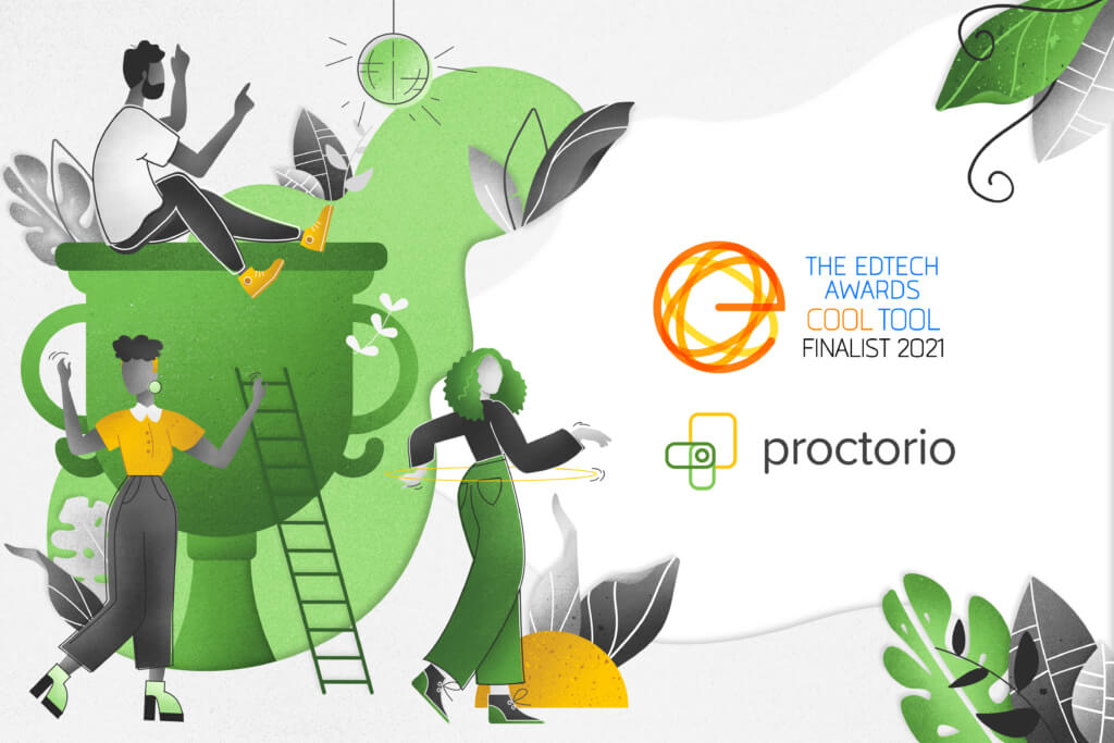 Several people dance around a trophy, beside Proctorio's logo and a badge for The Edtech Awards Cool Tool Finalist 2021.