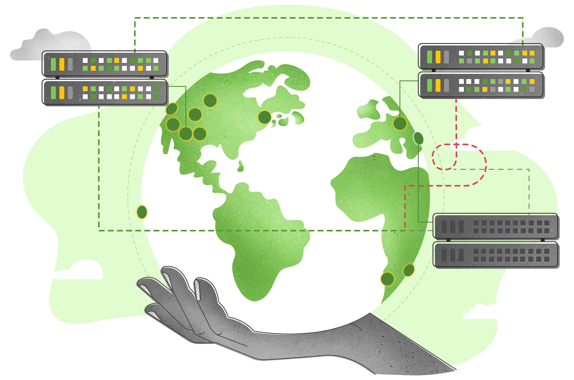 A hand holds up a model of the world with points marked for server locations, internet traffic marked as flowing between them with dashed lines.