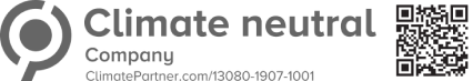 Logo and QR code 'Climate neutral company' designation, and the URL ClimatePartner.com/13080-1907-1001