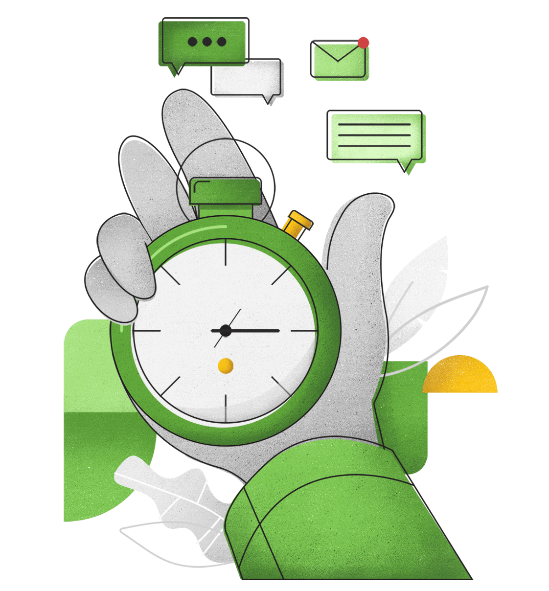 A hand holds up a stopwatch in front of a group of floating email and text alerts
